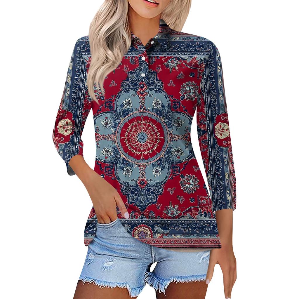 Women's Fashion Casual Lapel Short 3/4 Sleeve Print Shirt Women's Button Up Tops