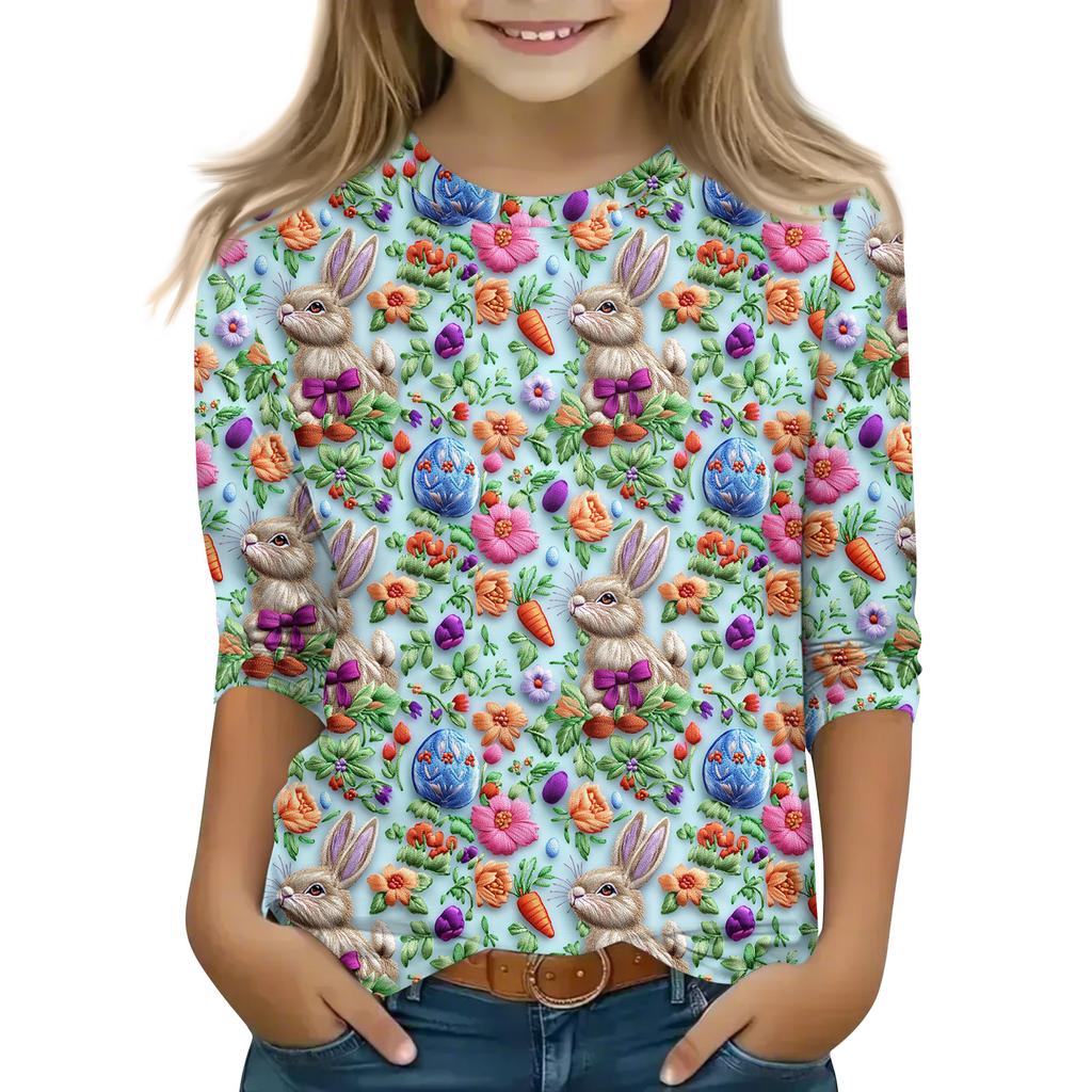 Print Tops For Youth Girls Round Neck 3/4 Sleeves T-Shirts Trendy Tops Outfit Tees