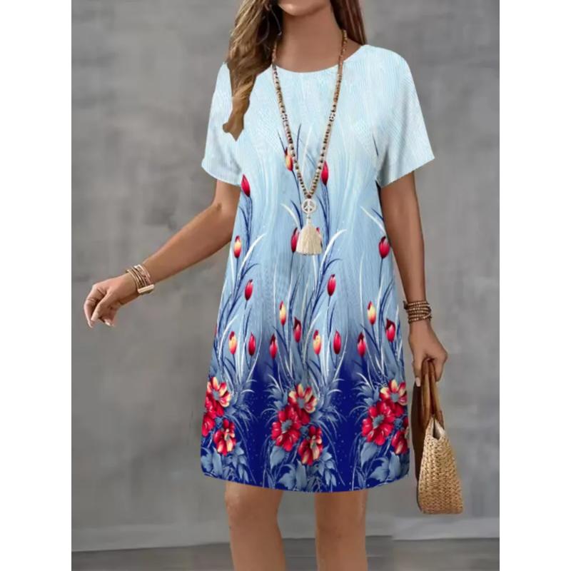 Patterns Women Mini Dresses Summer Short Sleeve Printed Plus Size Casual Comfortable Soft Dress