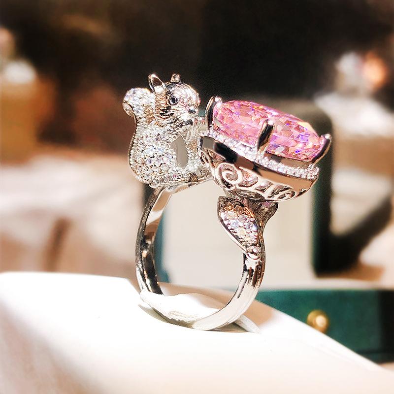 Little Squirrel Pink Diamond Sugar Cube Ring Personalized Haute Couture Design Colorful Treasure Live Birthday Gift