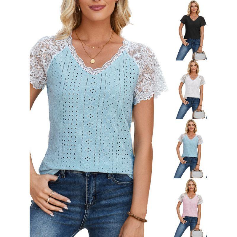 Lace Patchwork V-neck Breathable Top European and American Style Lace Patchwork V-neck Casual Tops