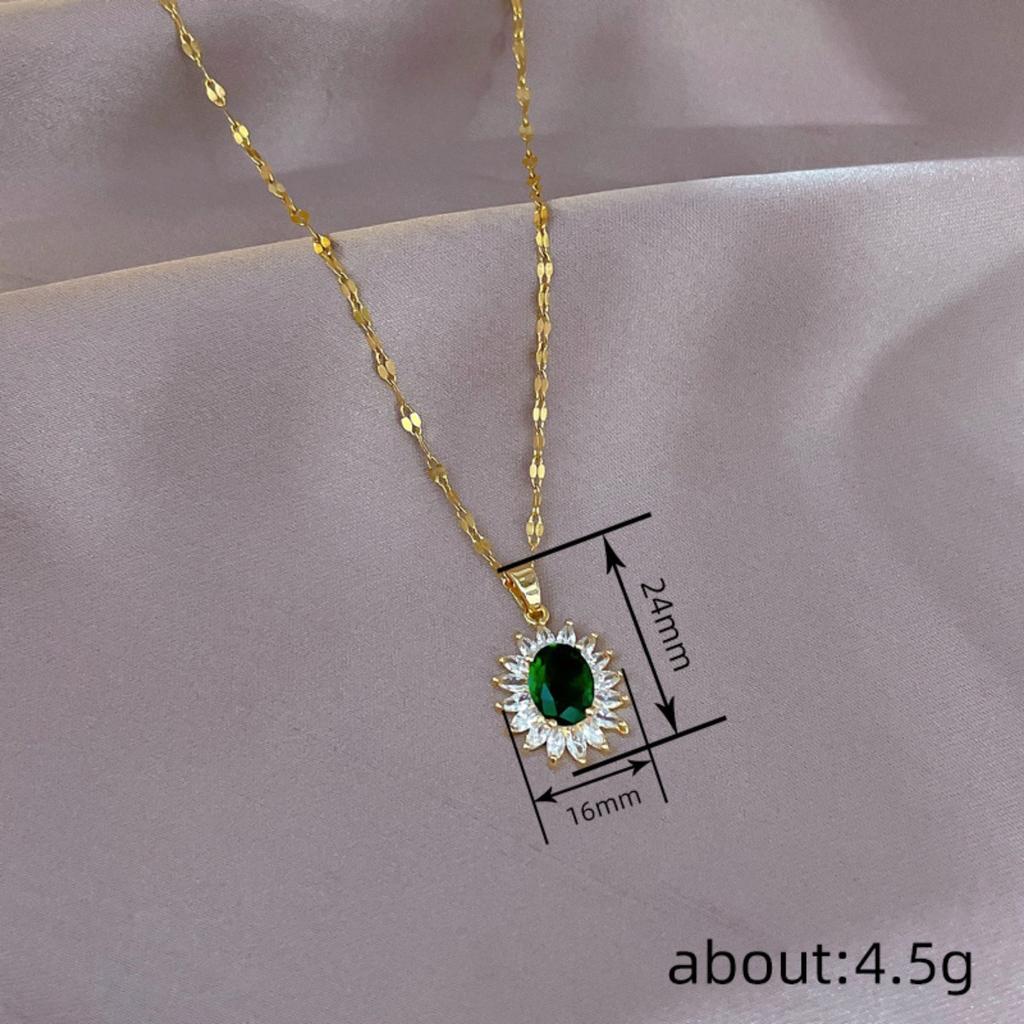 Oval Cut Emerald Green Stone Sunburst Halo Pendant Women Thin Flake Link Clavicle Necklace