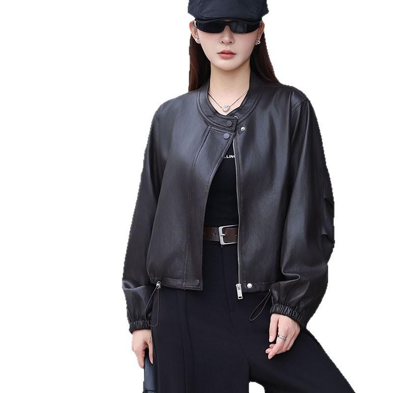 Womens Short PU Leather Jacket Loose Fit Stand Collar Casual Zip Front Outerwear