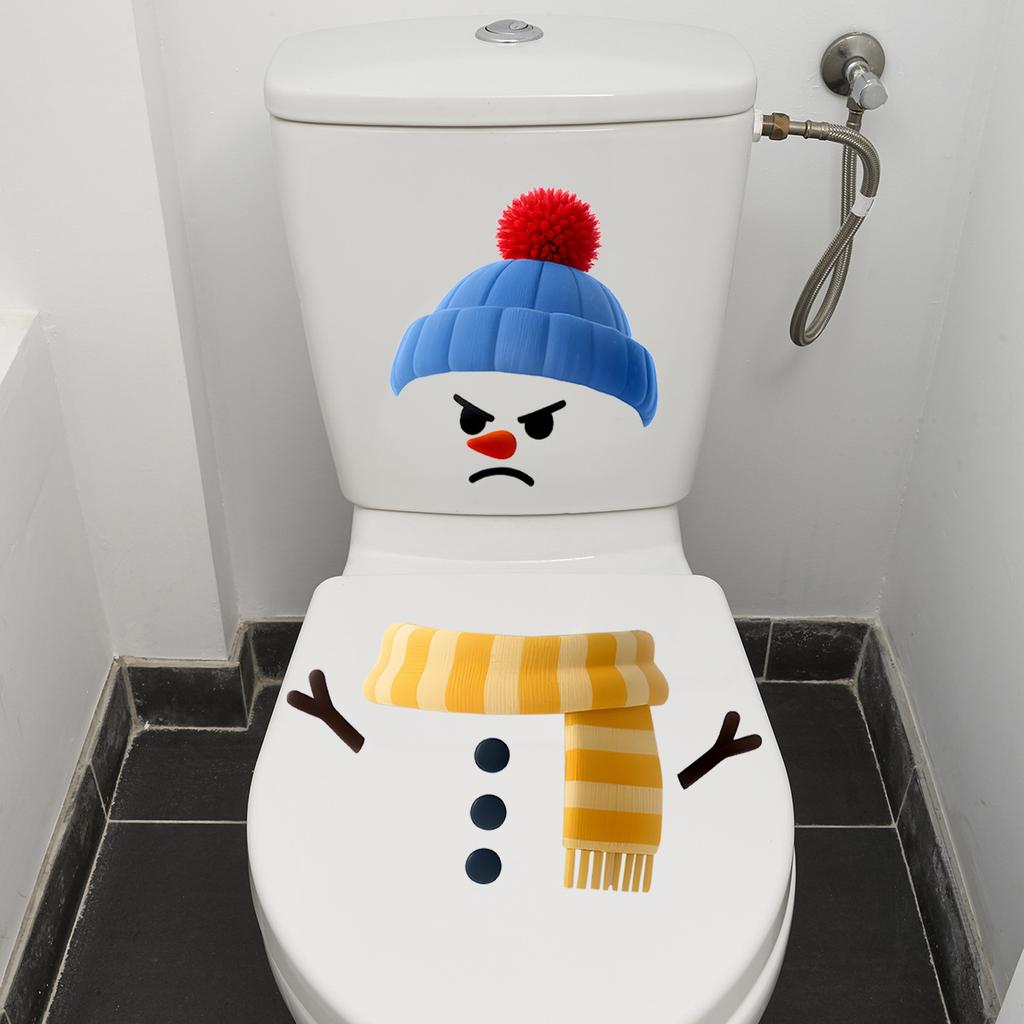Cartoon Christmas Blue Hat Snowman Toilet Wall Stickers, Bathroom Decorative Wall Stickers