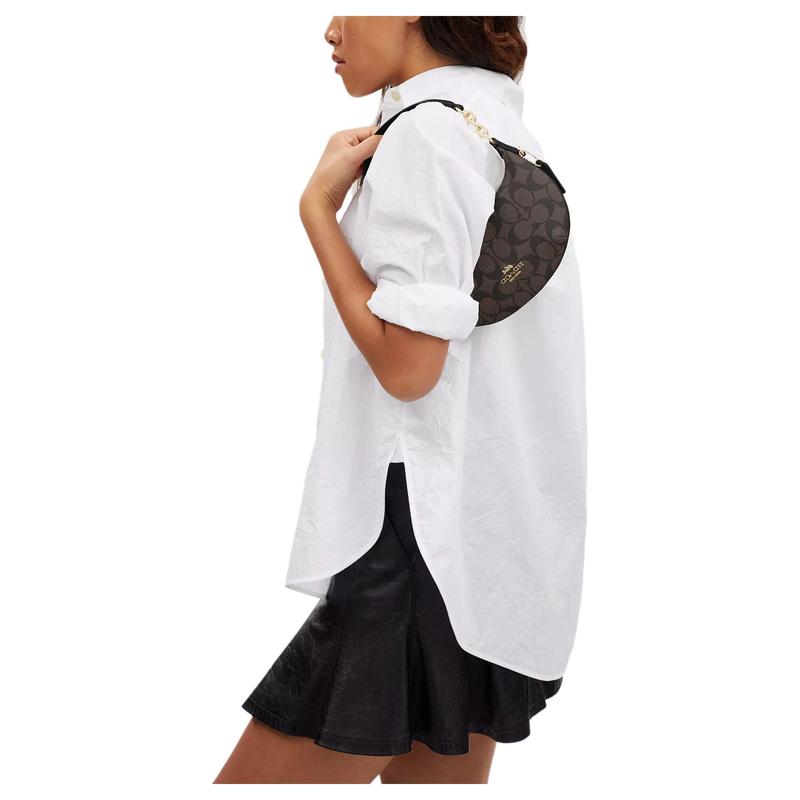 Coach Schultertasche Payton 21 klassisch presbyop Reißverschluss beschichtet Halbmond Achselhöhle Canvas und Leder Handtasche kleine Größe Damen Gold und Braun