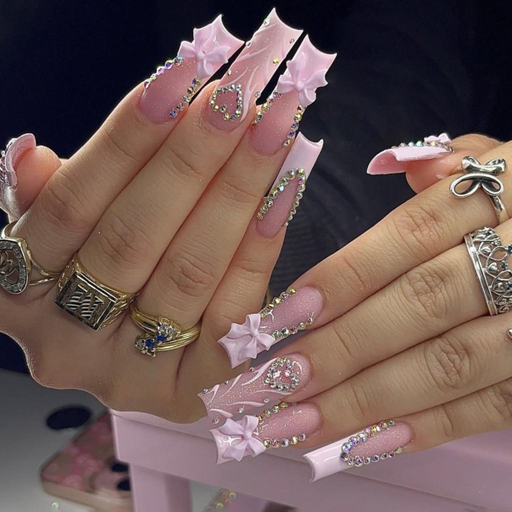 24Pcs Long French Fake Nails with Glue Ballet False Nails Butterfly Rhinestone Design Press On Nails Wearable Coffin Nail Tips