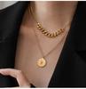 Women's Elegant Double-Layer Coin Chain Necklace, European American Retro Style, 18K Gold-Plated Titanium Steel Clavicle Jewelry