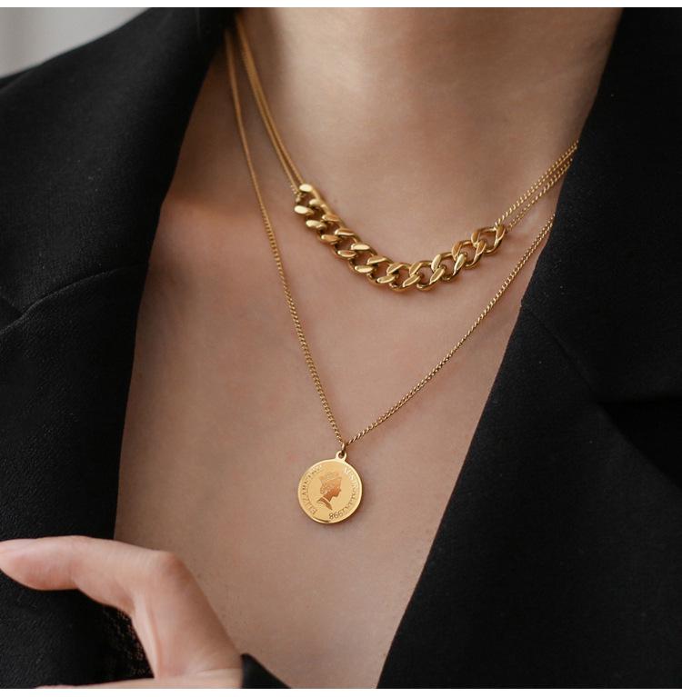 Women's Elegant Double-Layer Coin Chain Necklace, European American Retro Style, 18K Gold-Plated Titanium Steel Clavicle Jewelry