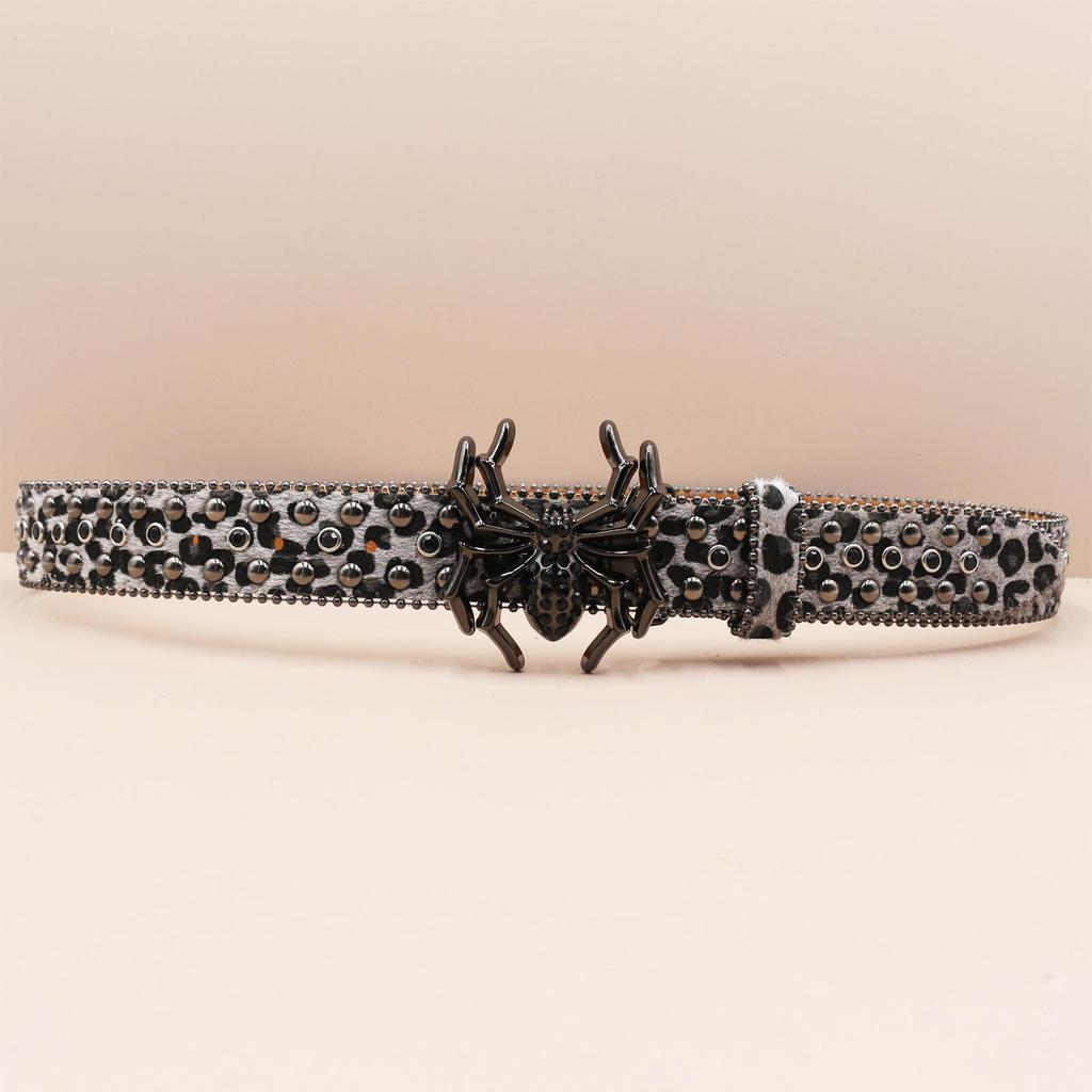 Leopard Print Rhinestone Punk Leather Belt - Y2K Style Women's Decorative Waistband