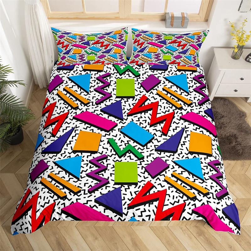 Retro 80s Style Bedding Set Twin King Size Abstract Geometric Pattern Duvet Cover Set Microfiber Circle And Triangle Quilt Cover