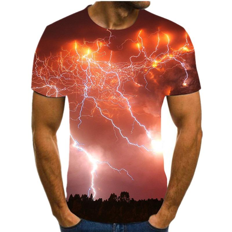 2024 Pánské tričko s 3D potiskem Tričko s potiskem krajiny s blesky Kulatý výstřih Plážová trička Pánské tričko Léto