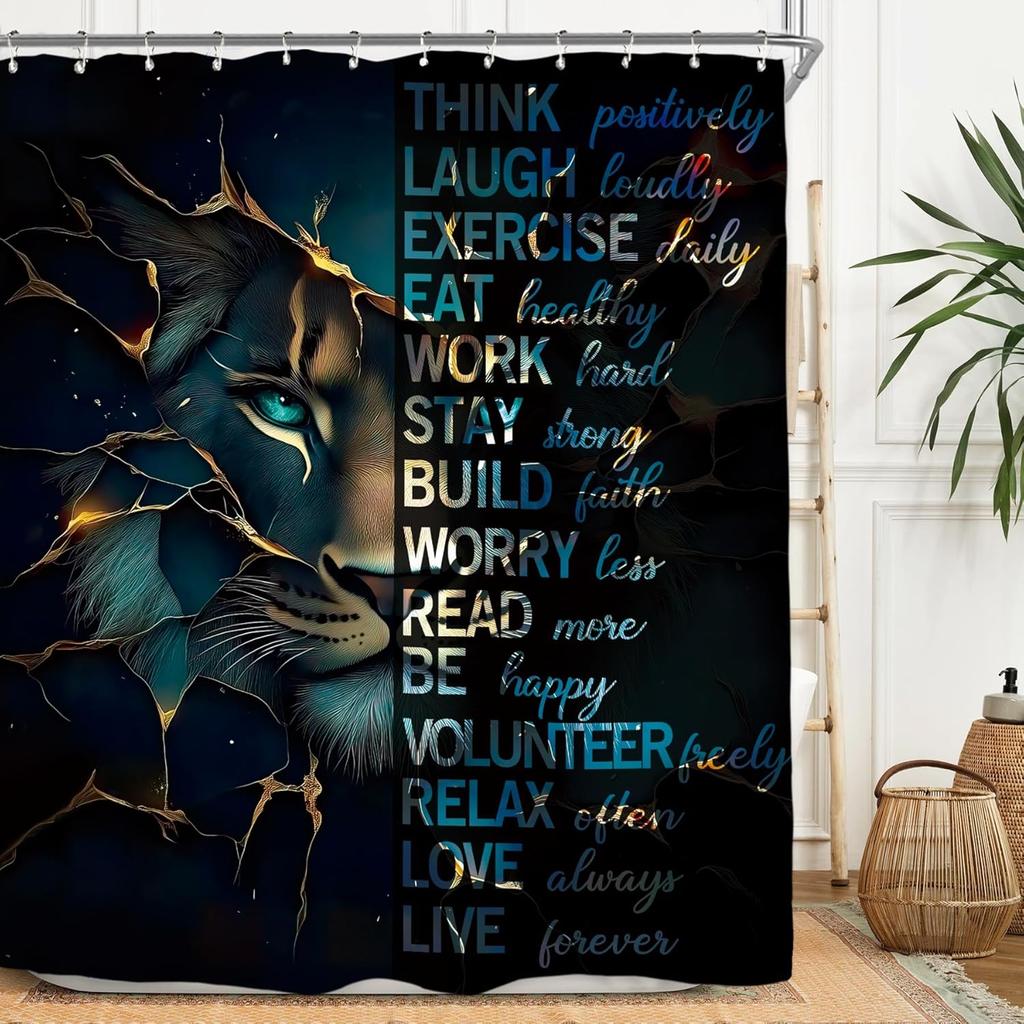 Lion Man Shower Curtain Set - Black/Gold Motivational Quotes, Waterproof Masculine Bath Decor Inspirational Male Design