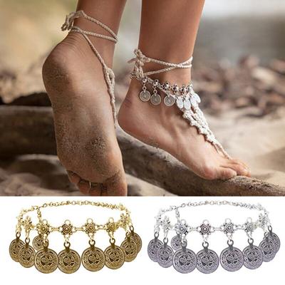 Bohemian Women Anklet Vintage Ethnic Style Hollow Pattern Round Metal Charm Adjustable Hypoallergenic Beach Foot Chain Ankle Bracelet Foot Jewelry