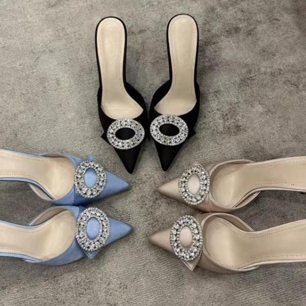 Women's Rhinestone Stiletto Heels - Pointed Toe, Square Buckle, Versatile Half Slippers