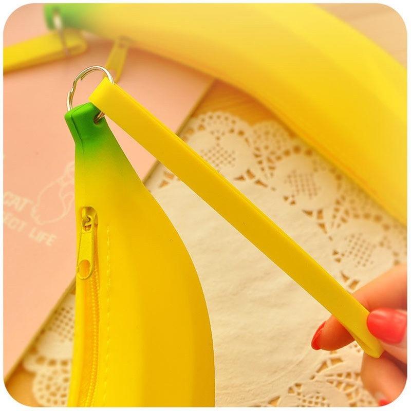 Fashionable Yellow Banana Silicone Pencil Case Stationery Storage Bag Dual Coin Purse Key Wallet Promotional Gift Stationery