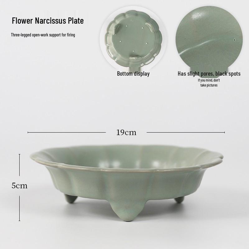 Green Glaze Ru Ware Ice Crackle Narcissus Pot: Zen Style Three-Legged Hydroponic Flower Vessel