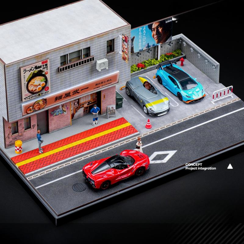 Simulation 1/64 Japanese Ramen Store Scene Car Model Parking Lot Micro-architecture Desktop Display Box Home Decor Collection