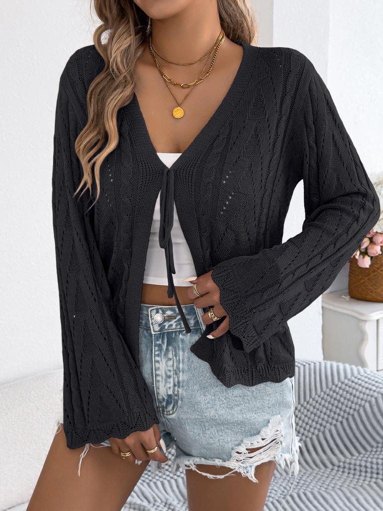 women's Cable Knit Hollow Out Tie Front Flare Long Sleeve Knit Cardigan Solid Color Casual Cover Up