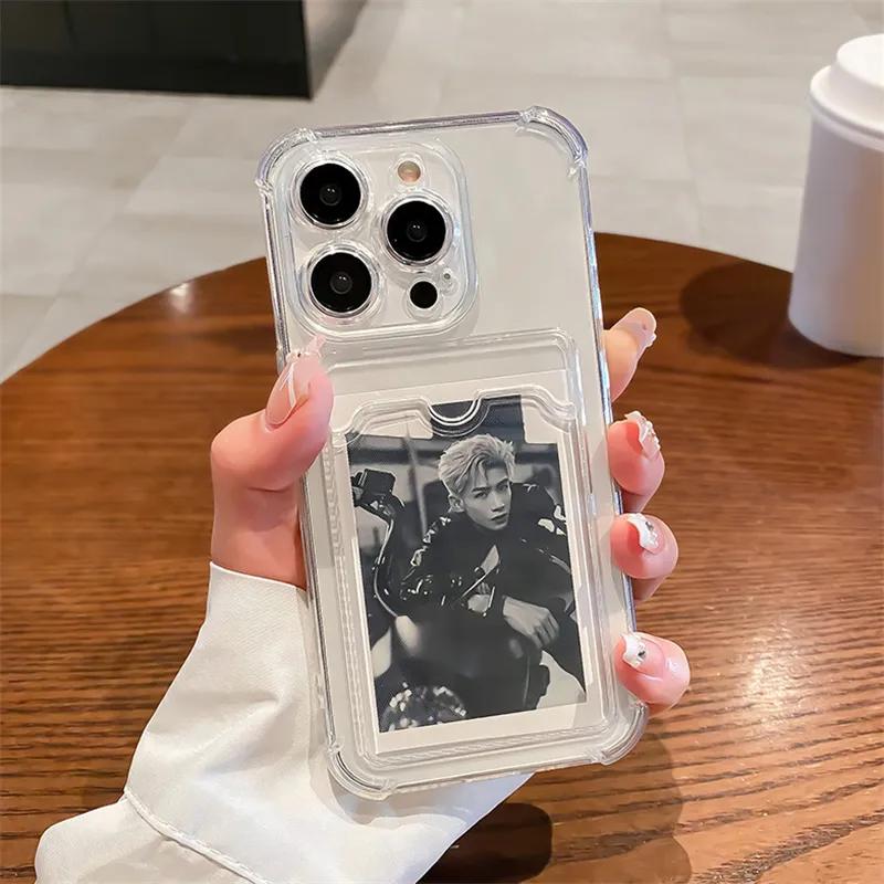 Průhledný silikonový kryt s držákem na karty pro iPhone 16 15 14 13 12 11 Pro Max XS XR 7 8 Plus, průhledná peněženka, nárazuvzdorný silikonový kryt