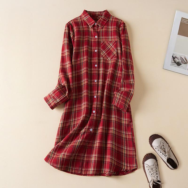 

Рубашка в клетку на весну и осень, женская блузка средней длины с длинными рукавами и начесом, свободная повседневная рубашка S красный