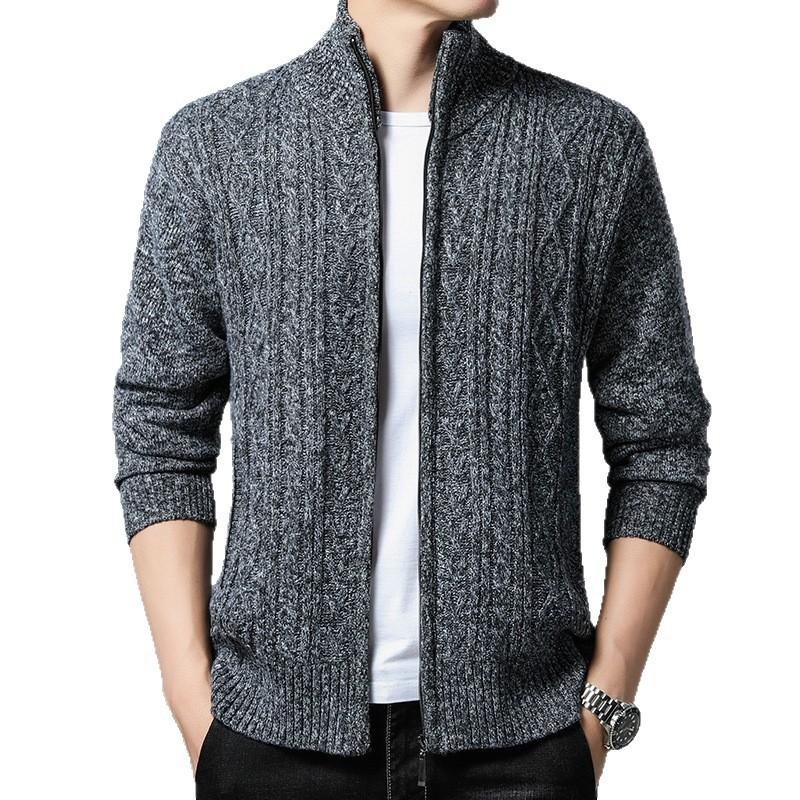 Men's Winter Fashion Cardigan Plus Velvet Sweater Jacket Men's Stand Collar Casual Solid Color Knitted Wholesale