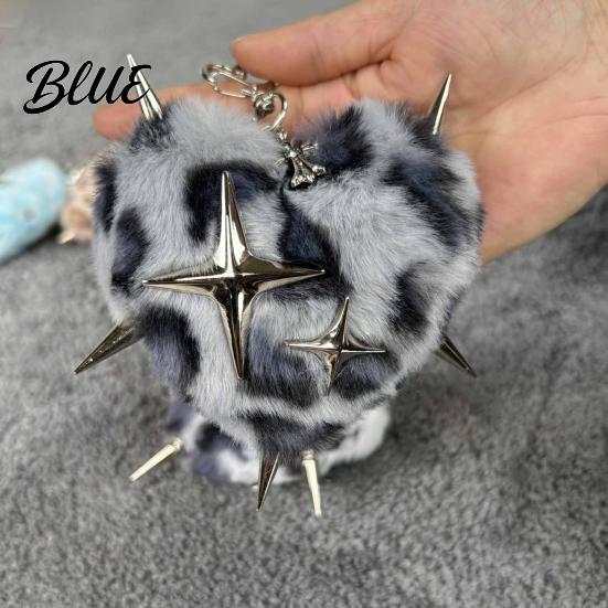Bag Accessory Plush Leopard Love Heart Keychain Stuffed Keyring Pendant with Metal Star Punk Backpacks Decorative Keychain