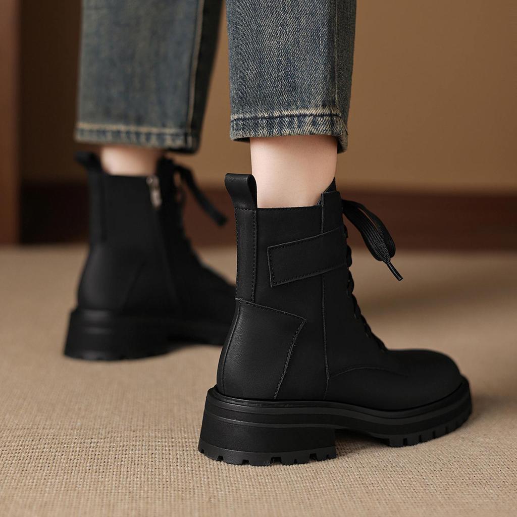 Krazing Pot Cow Skin Winter Round Toe Western Boots Med Heels Lace Up Women British School Ankle Boots