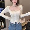 Women's Long-Sleeve Slim Fit Lace-Trim Square Neck Top for Autumn/Winter