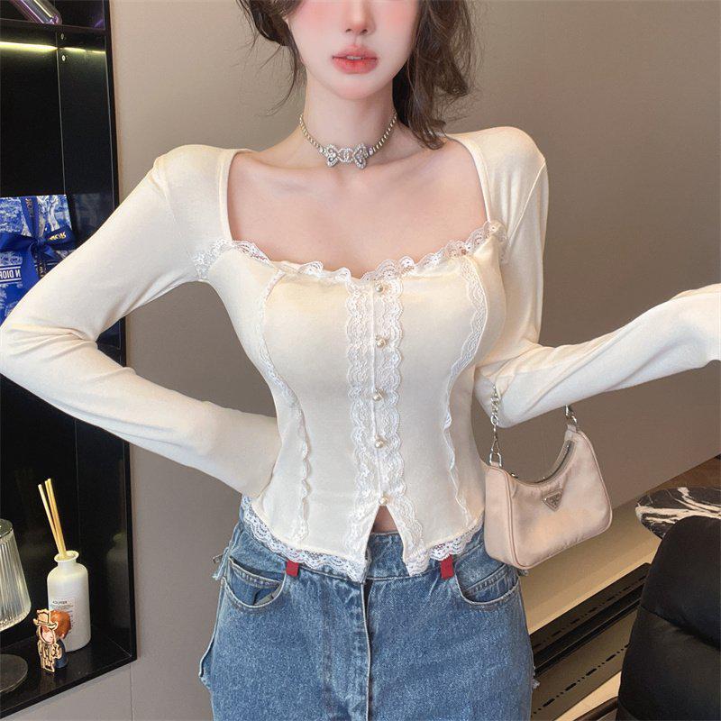 Women's Long-Sleeve Slim Fit Lace-Trim Square Neck Top for Autumn/Winter
