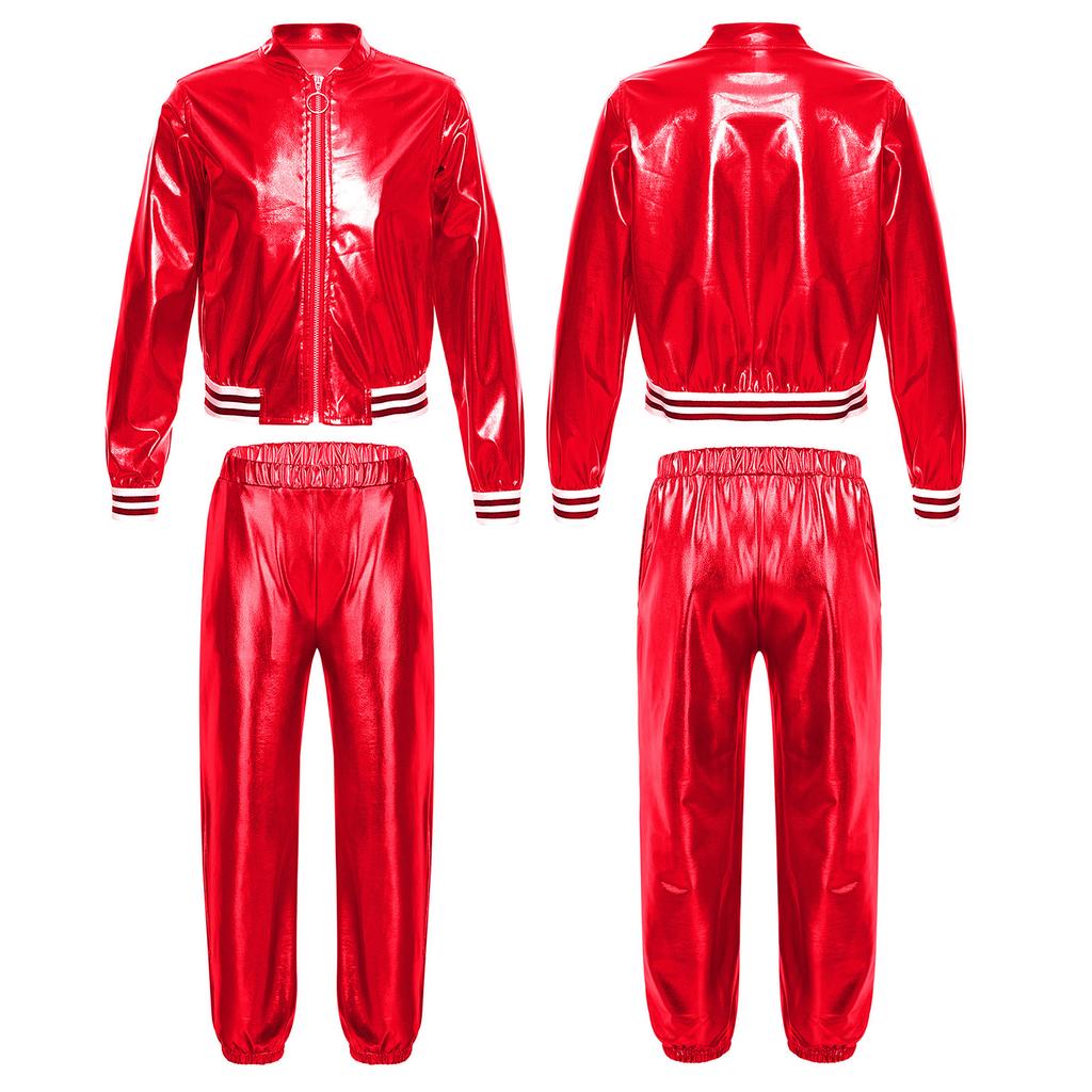 Kids Girls Shiny Metallic Dance Performance Costume Hip Hop Street Dance Dancewear Workout Tracksuit