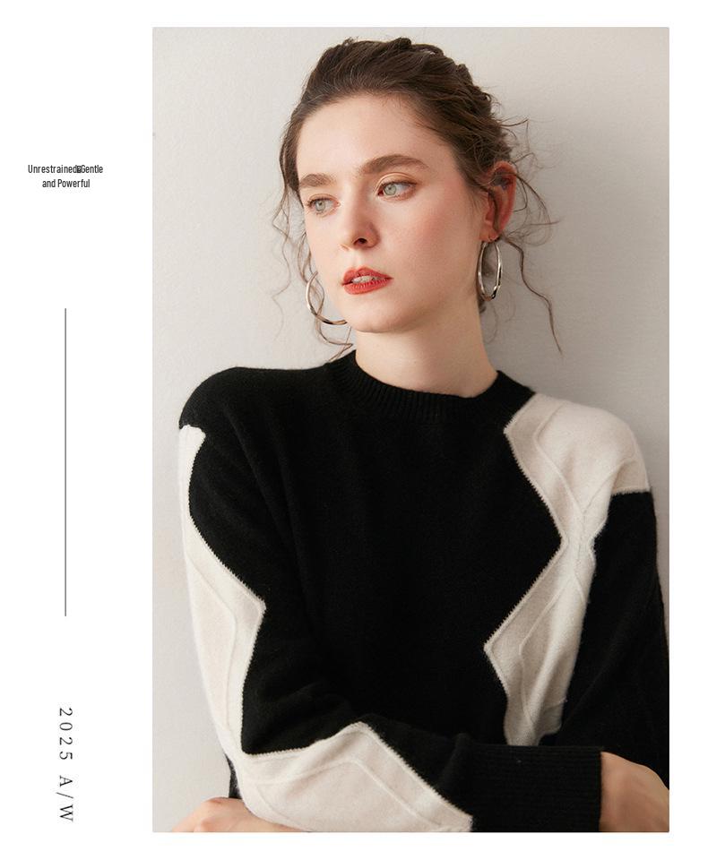 Women's Loose Fit Cashmere Diamond Plaid Knit Sweater - Autumn/Winter Round Neck Color Block Outerwear