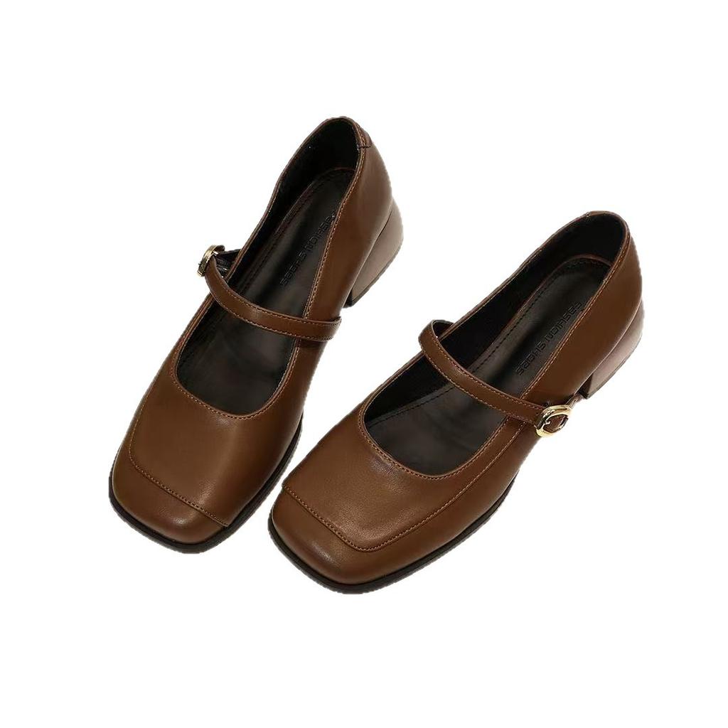French temperament one-word Mary Jane shoes new autumn retro light mouth square head thick heel single shoes