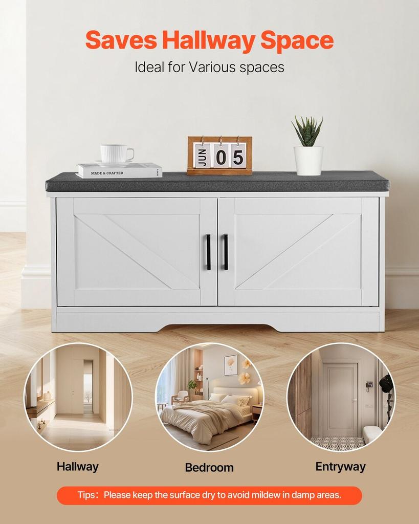 Shoe Storage Bench, 1000 x 355 x 460 mm Shoe Organizer with Padded Seat Cushion, Entryway Bench with 2 Barn Doors and Height Adjustable Shelf, for