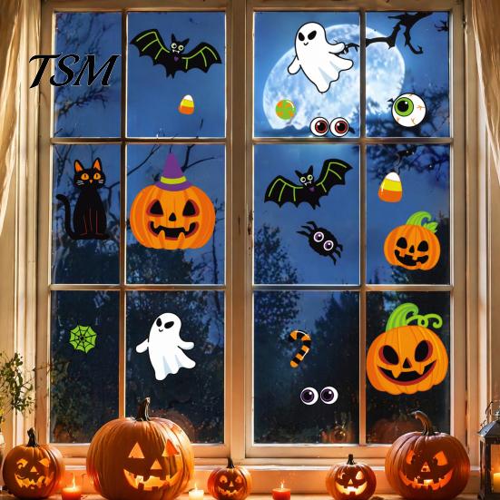 Double Sided Glass Stickers Cute Halloween Static Cling Window Stickers, Pumpkin Ghost Bat Black Cat Indoor Outdoor Festive Accents Decals,
