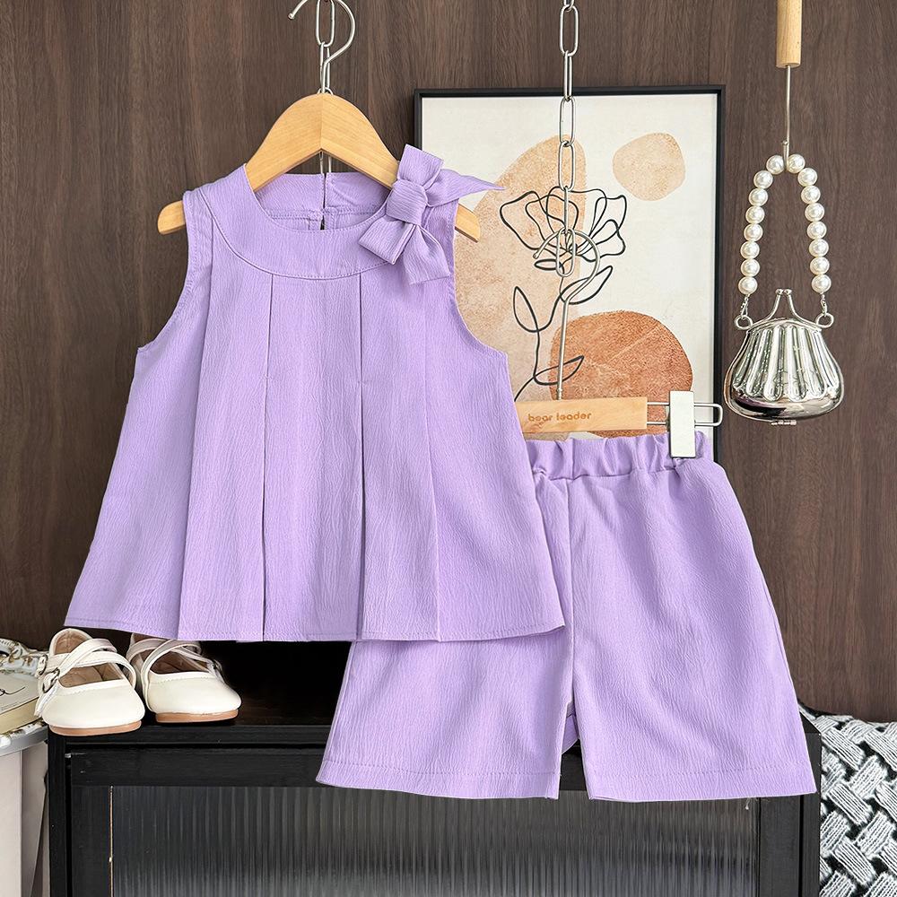 Girls' Outfit Solid Color New Korean Style Bow Pleated Sleeveless Top Shorts Two-Piece Set for Young Girls Summer Children's Clothing
