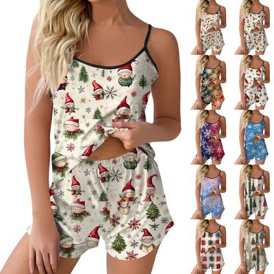 Modisches Set mit Weihnachtsdruck für Damen, ärmelloses Oberteil und Shorts mit Pyjama