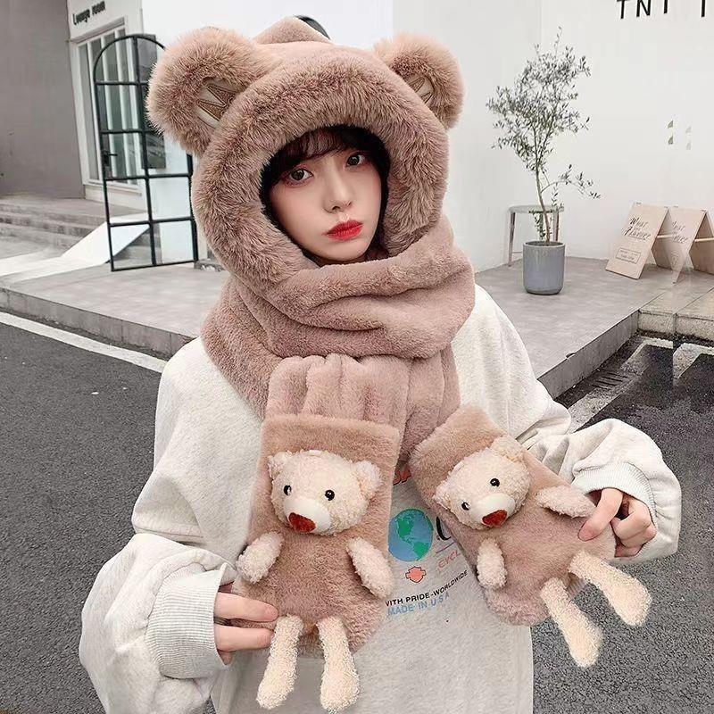 Hat Scarf Gloves Three Piece Set for Winter Women's Scarf One Piece Fluffy Hat Riding Fox Ear Protection Hat