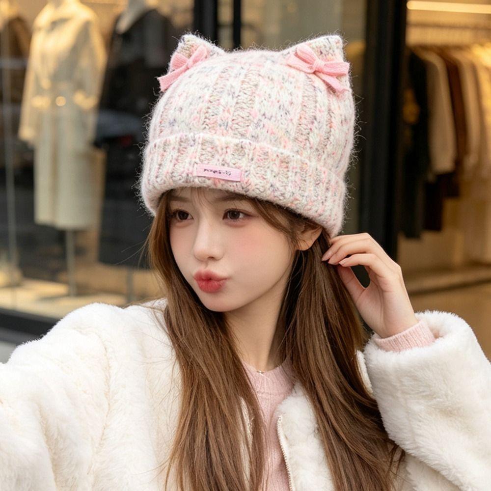 Melange Yarn Double Lace Bows Beanie Cuffed Design Warm Winter Beanie Daily Fashion