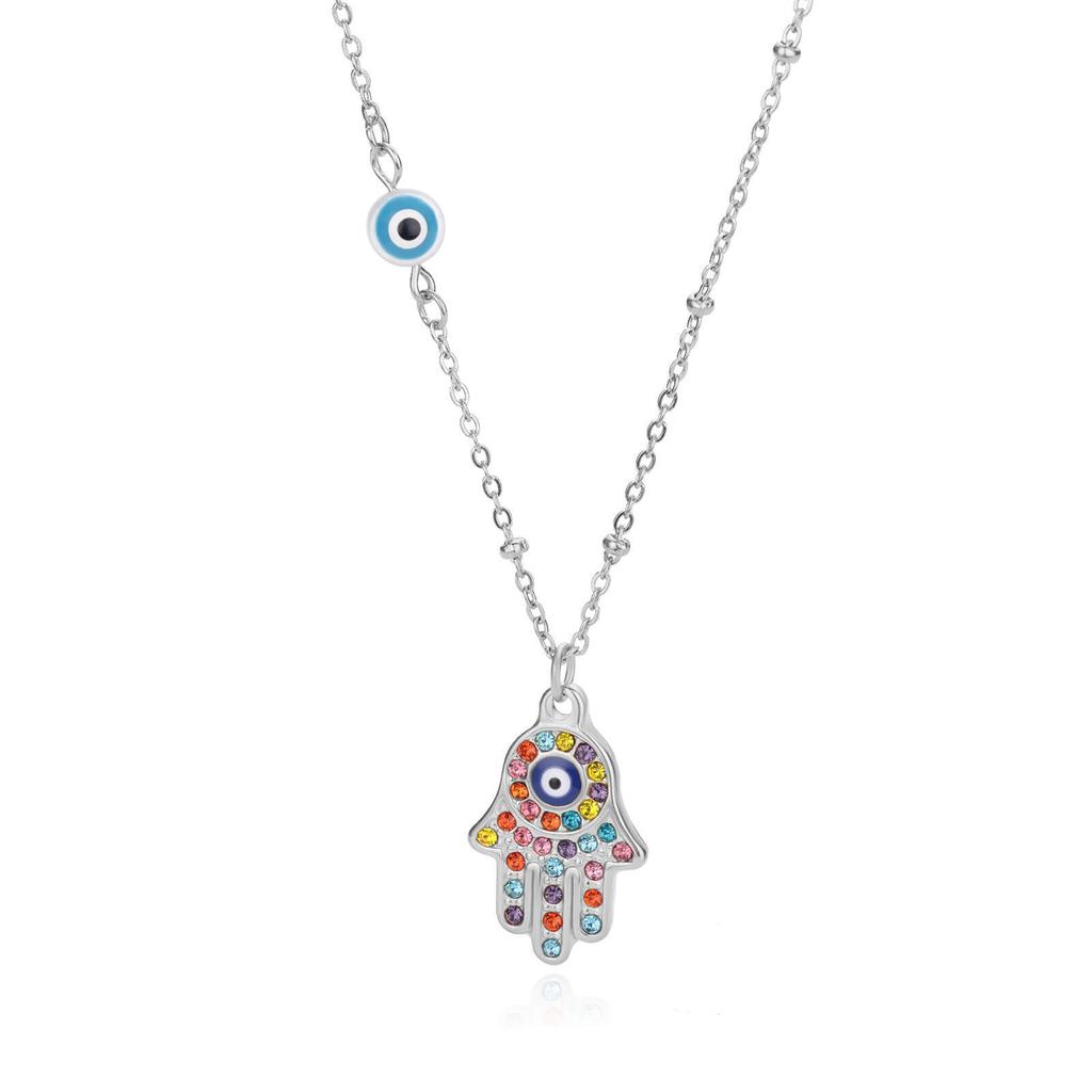 Personality Fashion The Eye of The Devil Fatima's Palm Colorful Zircon Pendant Necklace for Women Men Friend Amulet Jewelry Gift