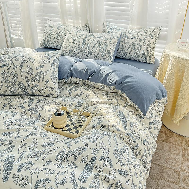 Washed Cotton 4Pcs Set, Double-Layer Yarn Quilt Cover, Dormitory Bed Sheet Three-Piece Set, Household Bedding