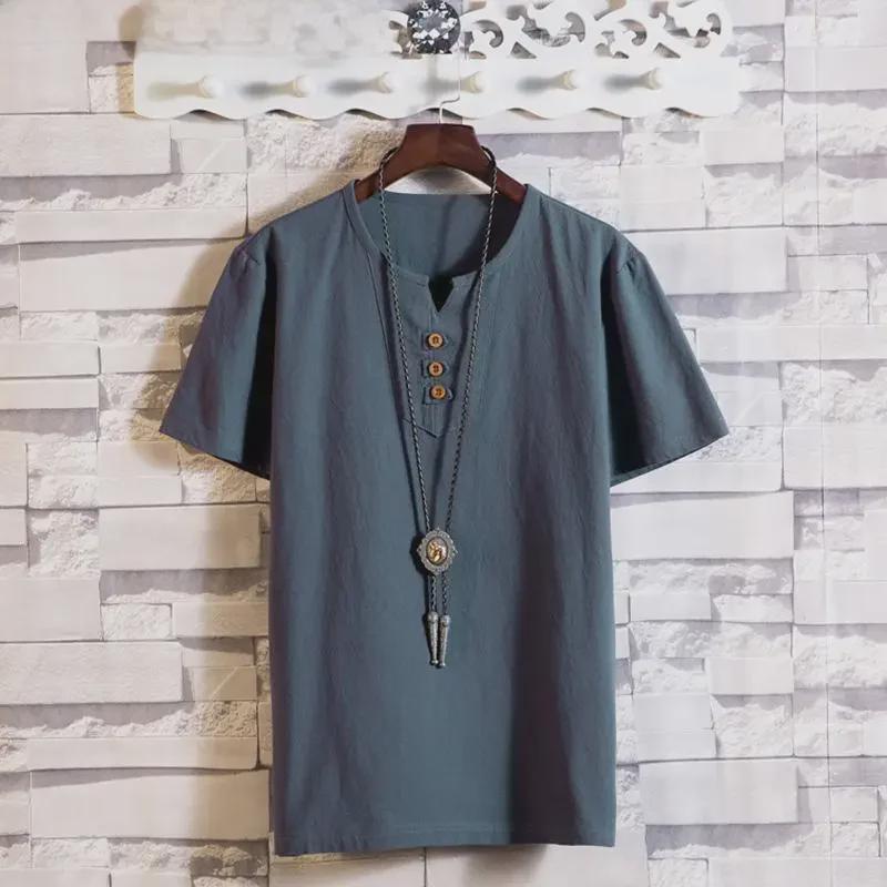 Pánské retro lněné tričko s V-výstřihem pro volný čas na léto