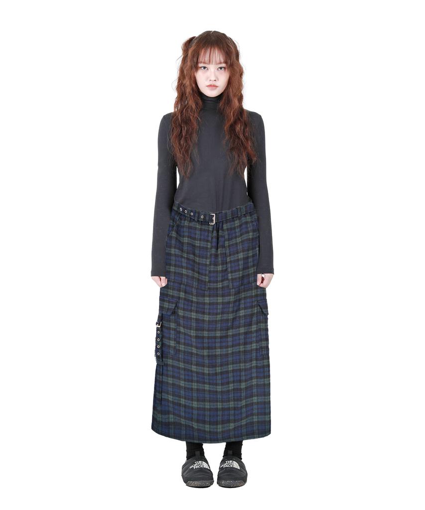 Catharsis Check Belted Elastic Long Skirt Green One Size