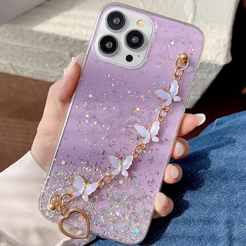 Compatible iPhone 16 Pro Max Transparent Resin Glitter Phone Case with Bowknot and Bracelet