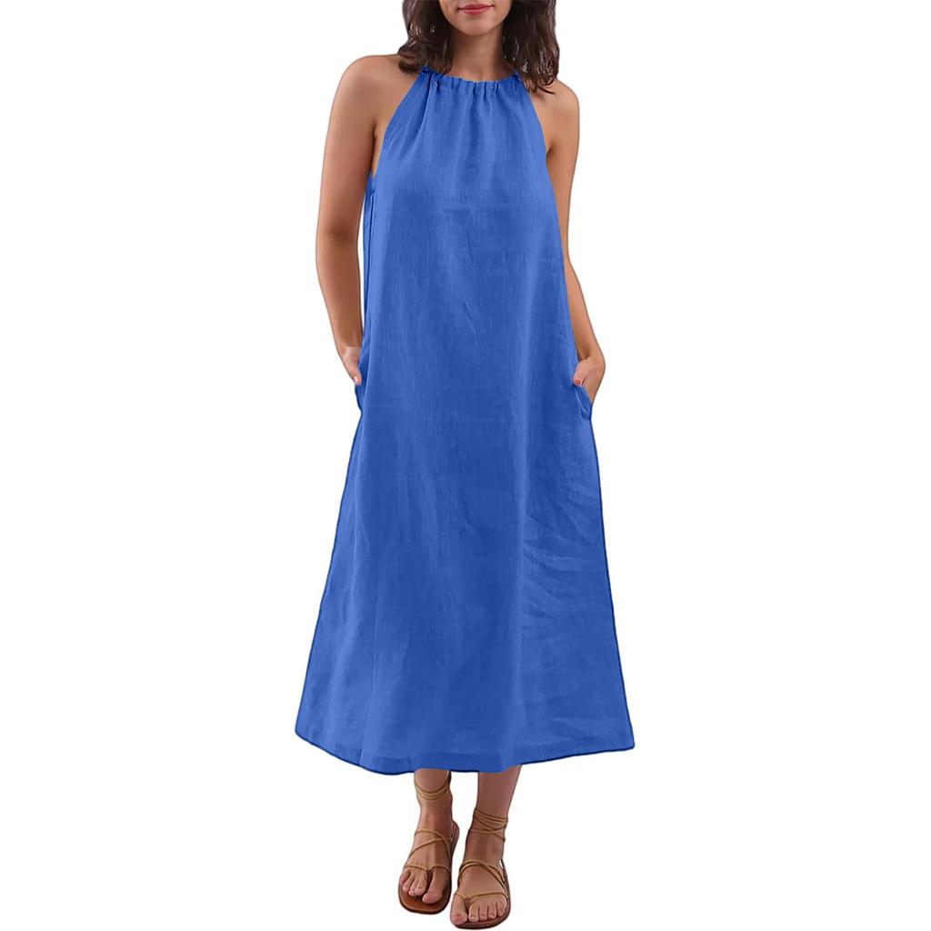 Women's Fashion Sleeveless Round Neck Straps Cotton Linen Dresses