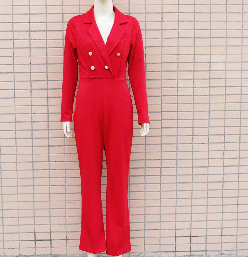 Europejski i Amerykański Damski Kombinezon z Długim Rękawem Slim Fit z Klapami