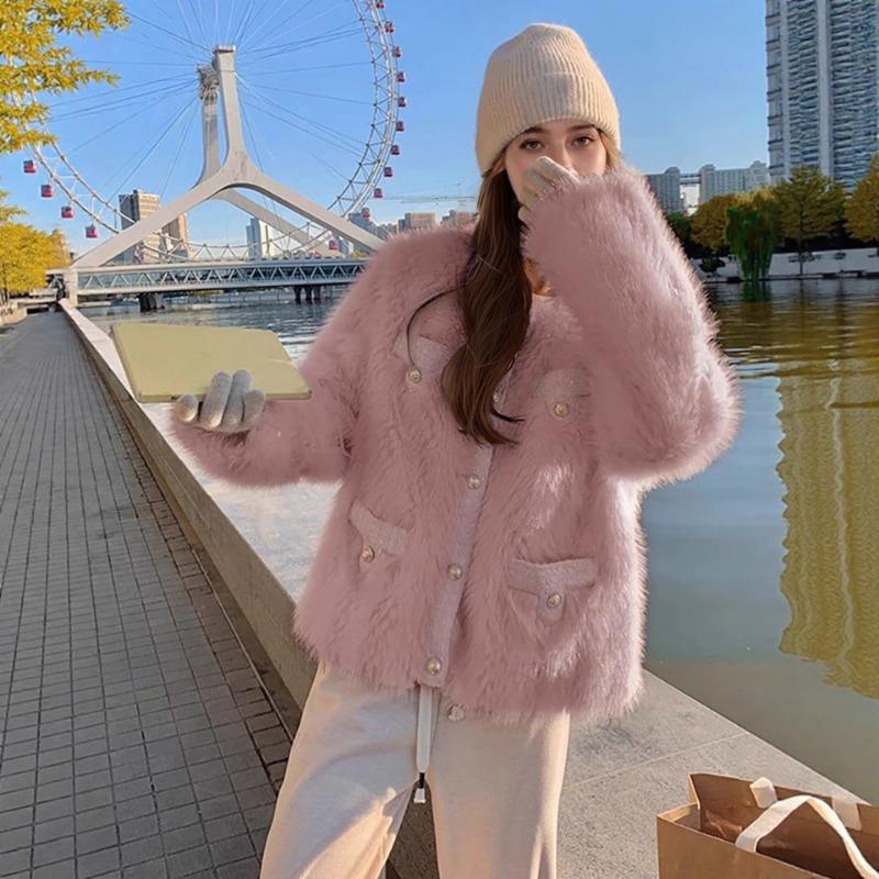 White Faux Fur Short Jacket Double Breasted Warm Winter Outerwear for Women S