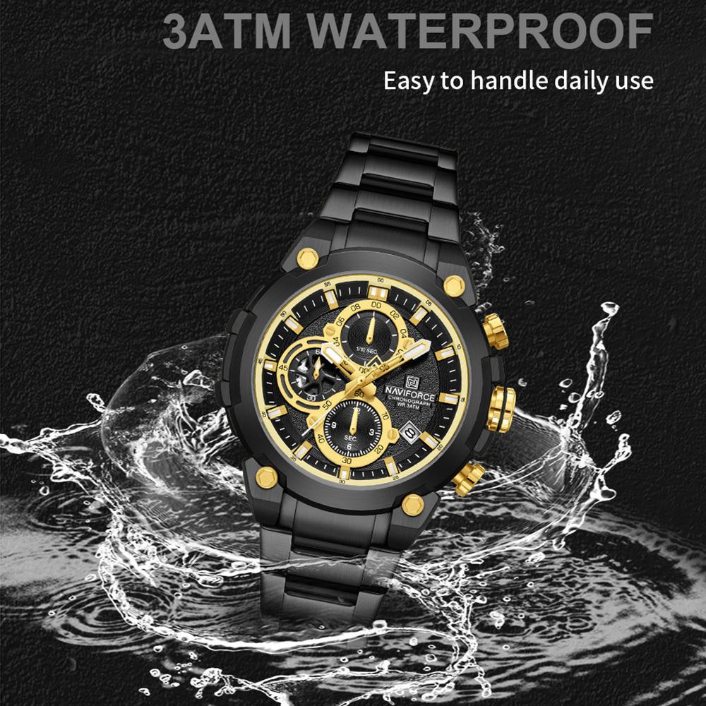 Naviforce Men's Quartz Calendar Watch Stopwatch Chronograph Luminous Hands Stainless Steel Strap Waterproof Sports Outdoor Men's Watch NF8071