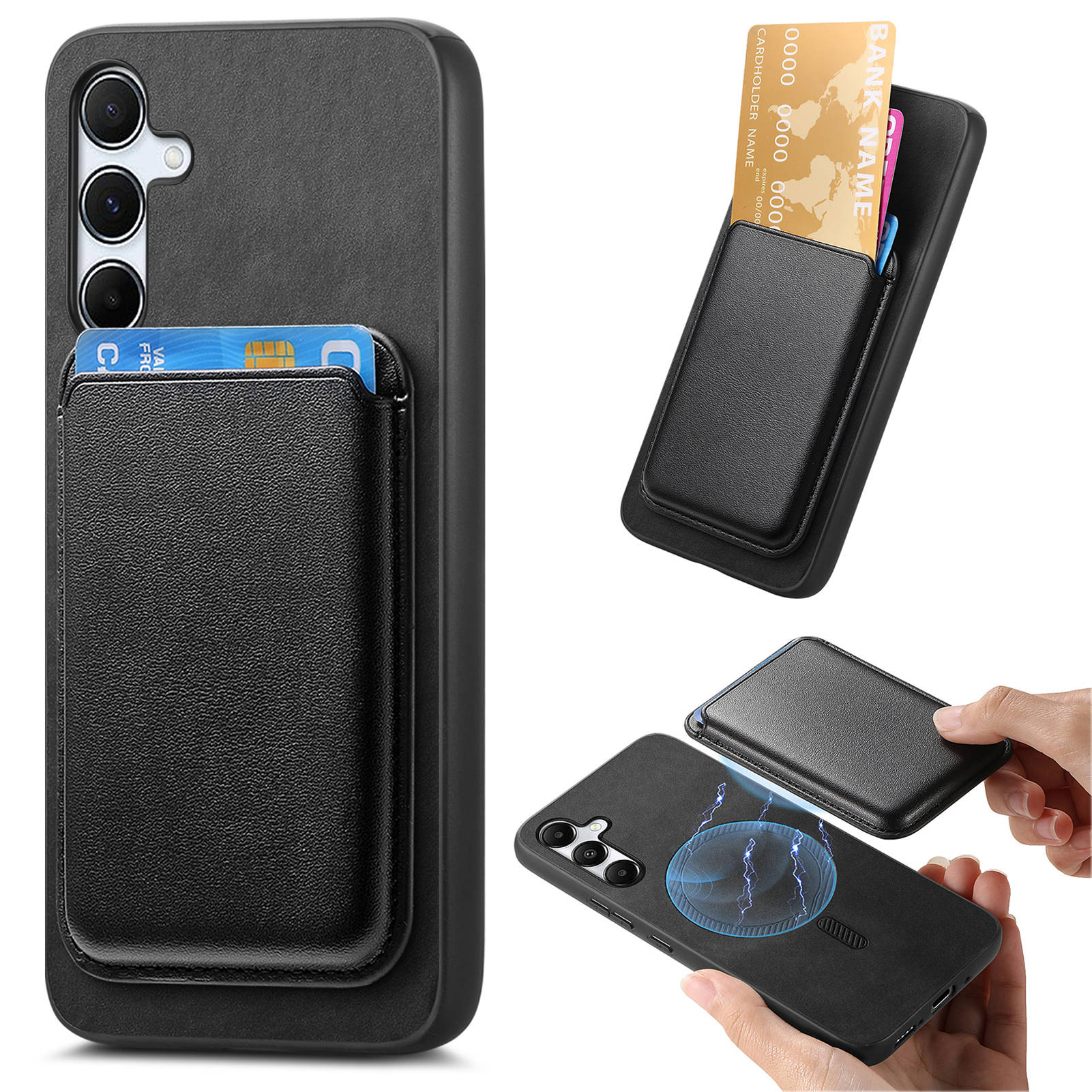 

B2 For Samsung Galaxy A55 5G Magnetic Phone Case Leather+TPU Cover with Card Bag Black