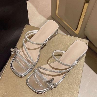 French Thick-heeled Slippers for Women's Summer Wear 2025 New Fairy Style Bow Rhinestone Temperament High-heeled Crystal Sandals