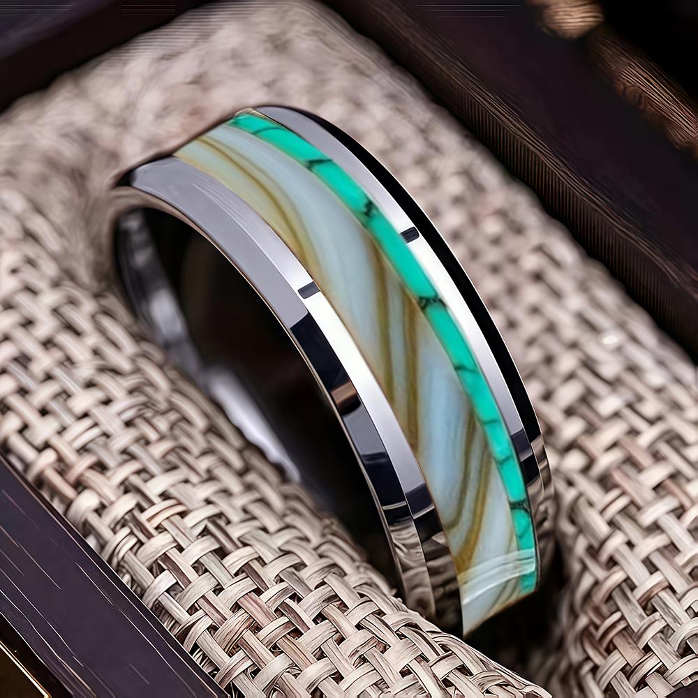 Fashion 8mm Men Stainless Steel Ring with Turquoise and Marble Stones Inlay Rings for Men Women Wedding Jewelry Drop Shipping